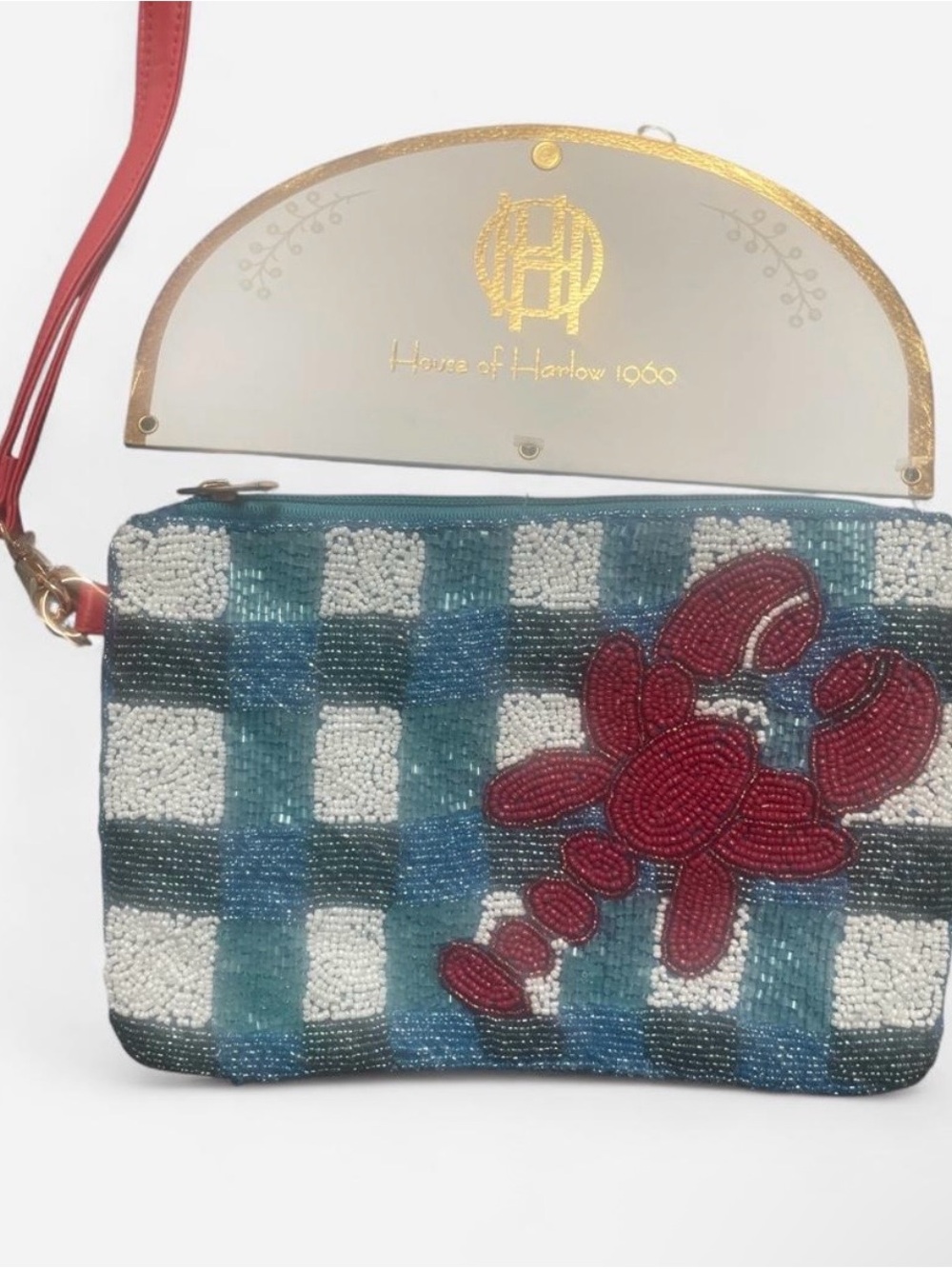 House of Harlow 1960 Teal, White & Red Beaded Check Clutch with Lobster Appliqué